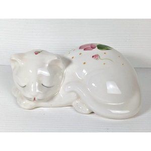 Ceramic White Kitty Cat Pink Floral Flowers Hand Painted Sleeping USA Vintage 7”